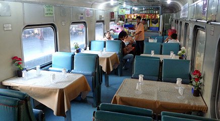 Restaurant car on the train from Bangkok to Hat Yai