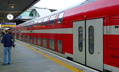Red double-deck train