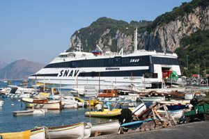 The SNAV fast ferry from Naples, just arrived at Capri's Grande Marina