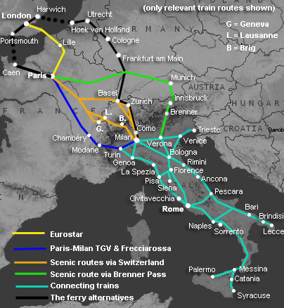 Route map, London to italy by train