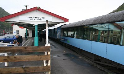 The TranzAlpine train arrives at Greymouth...