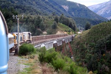 The Tranz-Alpine crossing a major viaduct on the Christchurch-Greymouth line...