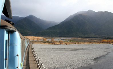 The Tranz Alpine on one of its many river crossings...