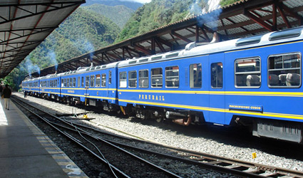 The Vistadome train to Machu Picchu at Aguas Calientes station