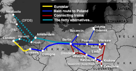 Route map, London to Poland by train