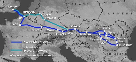 Route map:  London to Bucharest & Romania by train