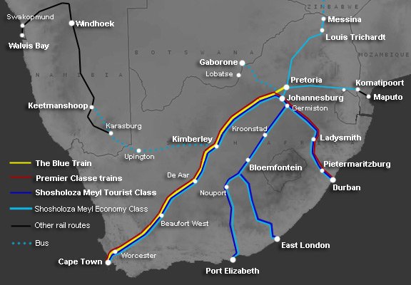 Map of train routes in South Africa