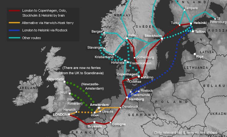 Route map, London to Copenhagen & Scandinavia by train