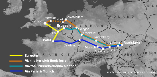 Route map:  London to Bratislava & Slovakia by train