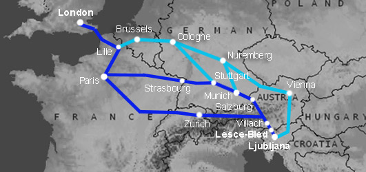 Route map:  London to Ljubljana & Lake Bled by train