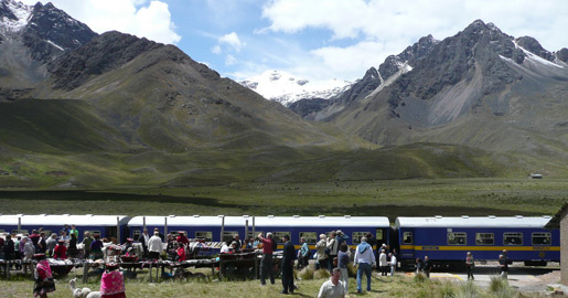 The Andean Explorer from Cusco to Puno stopped at La Raya for a photo opportunity