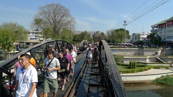 Tourists walking across the Bridge on the River Kwai...