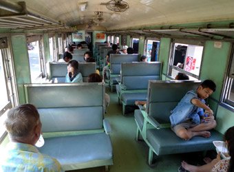 3rd class seats on the train from Bangkok to Kanchanaburi, The Bridge on the River Kwai & Nam Tok...