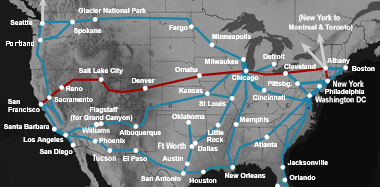 Map of California Zephyr train route across the USA
