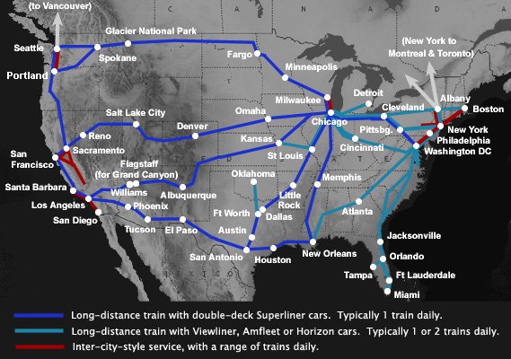 Amtrak cross-country train route map