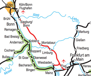 Map of train route along the Rhine Valley
