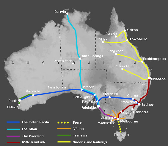 Map of train routes in Australia