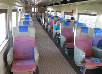 Refurbished Red Premium seats on the 'Overland' Melbourne to Adelaide train.