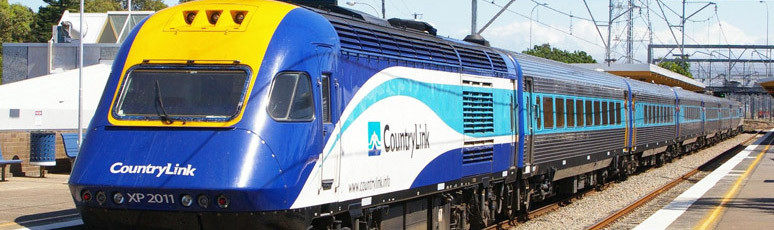 A CountryLink Xplorer train about to leave Sydney for Canberra