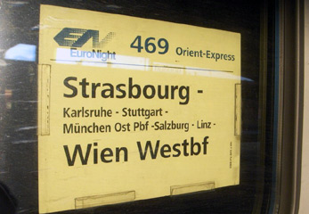Destination board on the door of the Orient Express from Strasbourg to Vienna
