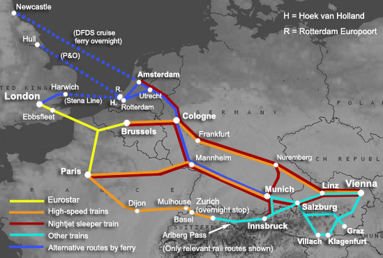 Route map, London to Austria by train