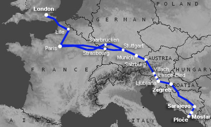Route map:  London to Sarajevo & Mostar by train