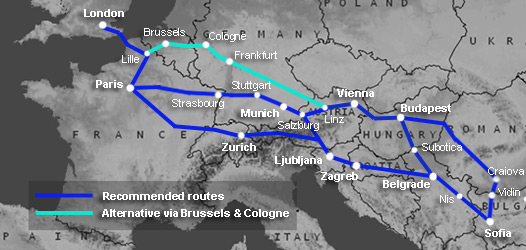 Route map:  London to Sofia & Bulgaria by train