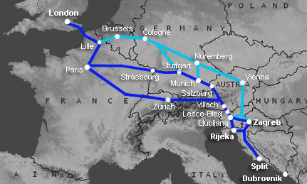 Route map:  London to Zagreb, Bled, Split, Rijeka by train