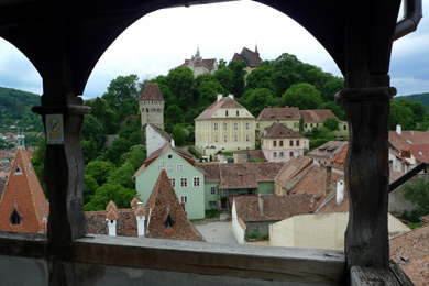 Sighisoara:  View of citadel from clock tower gallery.